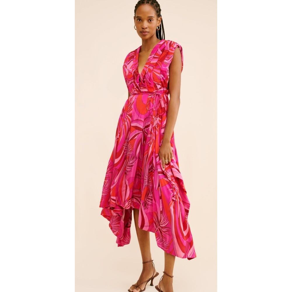 Farm Rio Endless Summer Dress Red Purple V Neck Midi Contrast Saturated XL